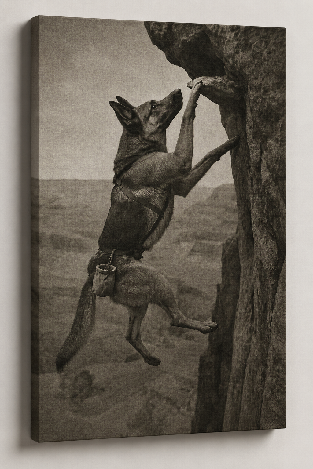 Adventure Dog Canvas Print — Vintage German Shepherd Climbing Wall Art